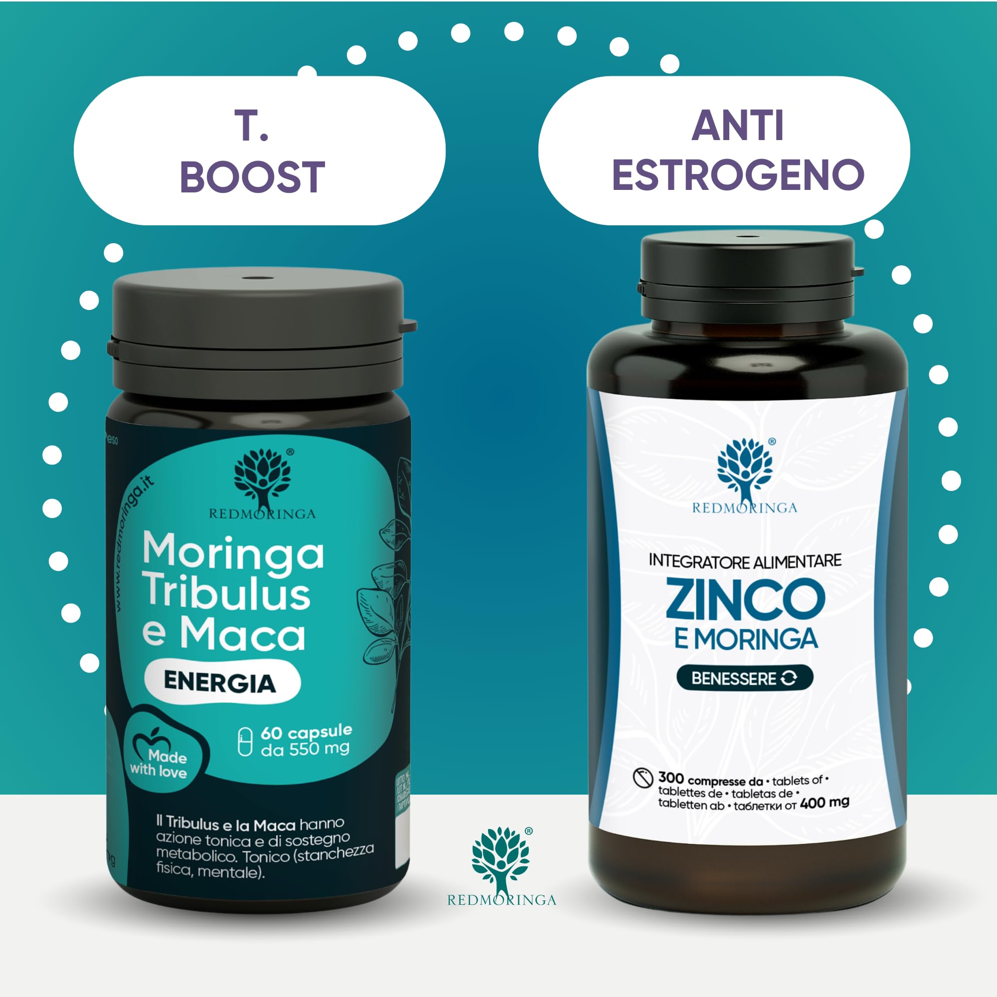 Trattamento BOOST T Uomo – T-Booster Potente con Tribulus Terrestris 90% Saponine + Maca Peruviana + Moringa BIO + Zinco 300 Compresse | Forza, Massa e Vigore | RedMoringa