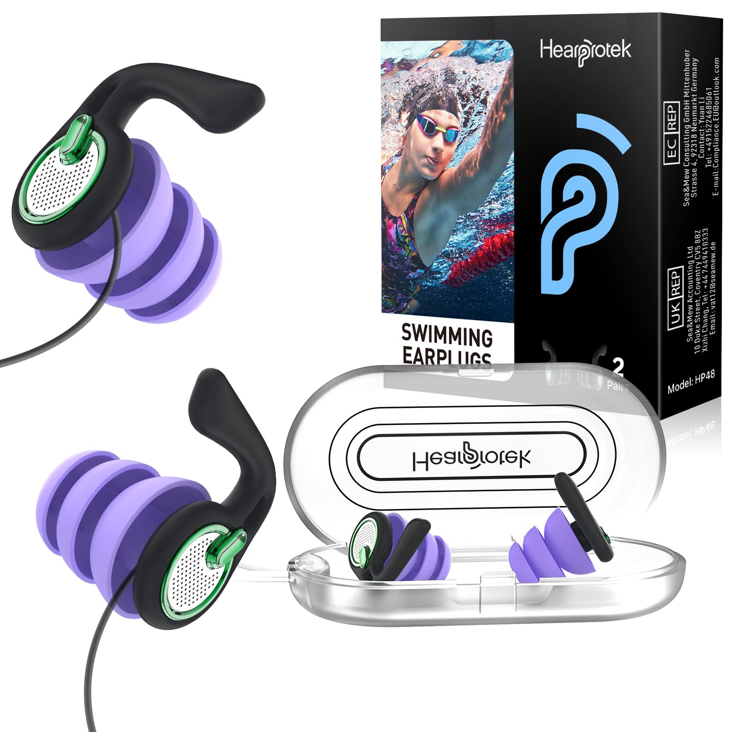 Swimming Ear Plugs for Adults, Reusable Silicone Earplugs with Filter, Secure Fit with Retention Cord, Water Protection for Swimming, Surfing & Showering, 2 Pairs (BlackPurple)