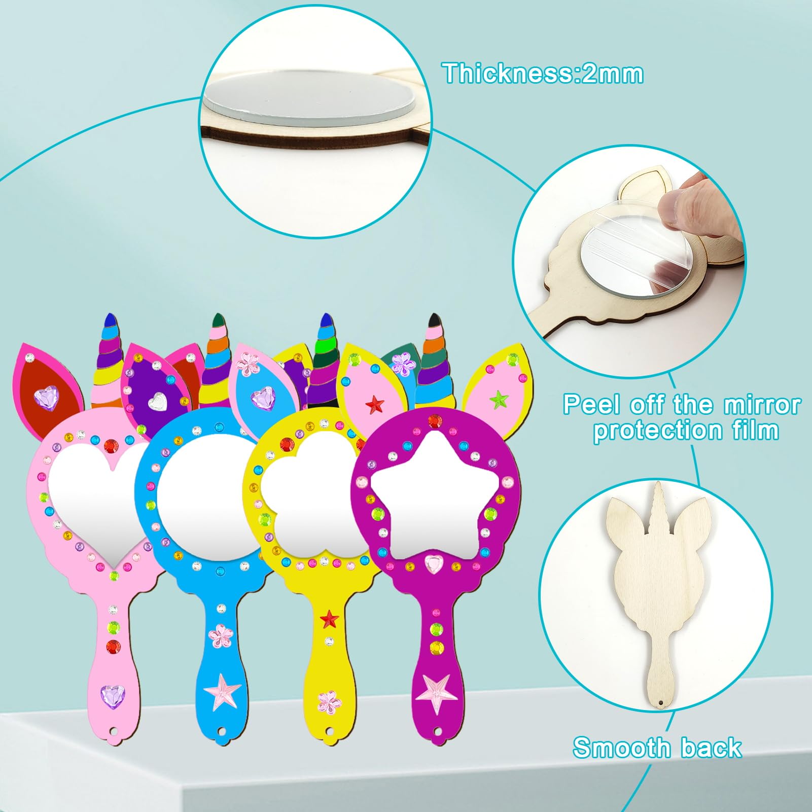 Set 27 Pezzi Specchio Unicorno Fai Da Te - Legno Per Pittura E Decorazione Bambini - Foto 4