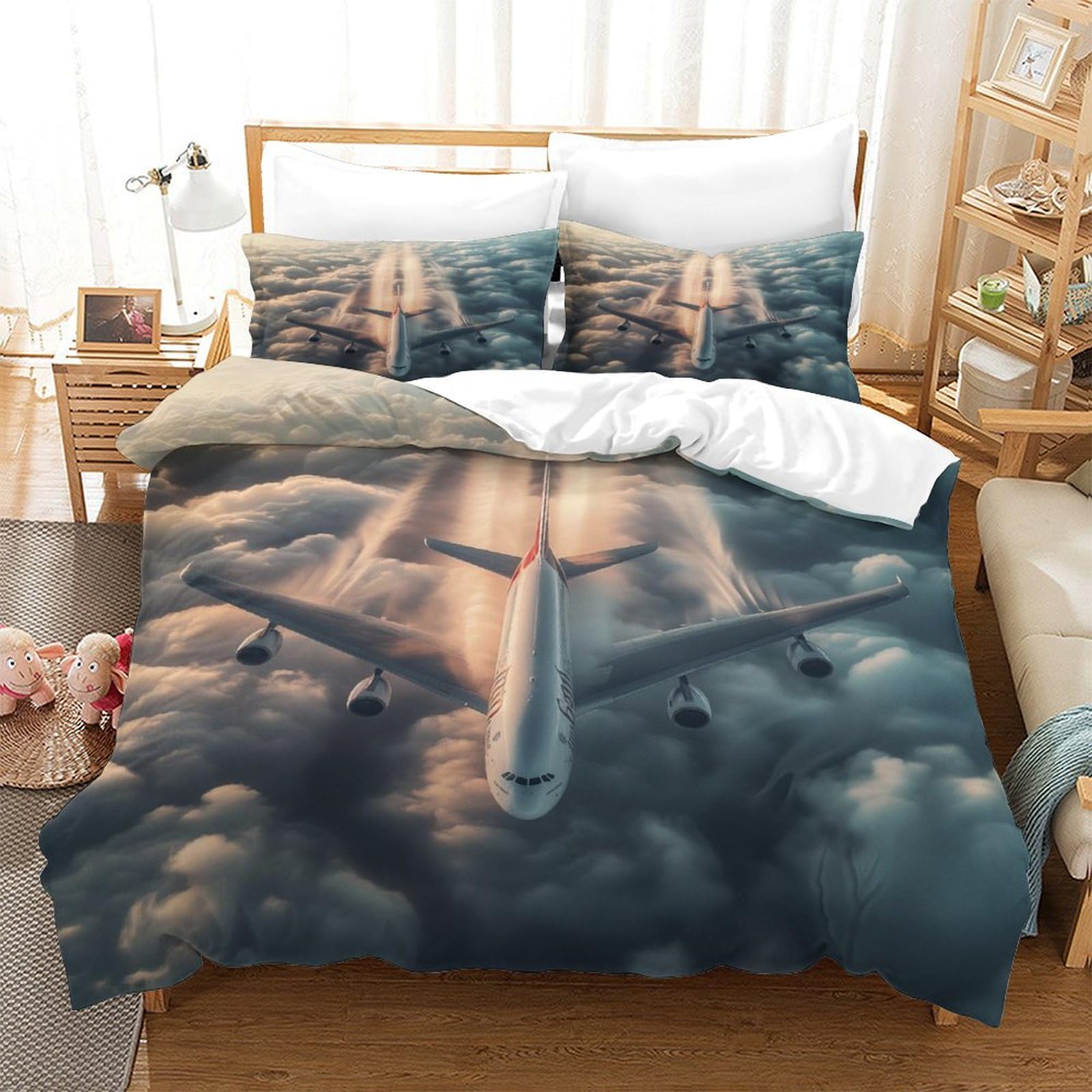 P1s9u7w5y Aircraft-2 Realistic Plane Clouds 3D Printed Duvet Cover Set 3Pcs Microfiber Aviation 3D Bedding Set Double（200X200cm）