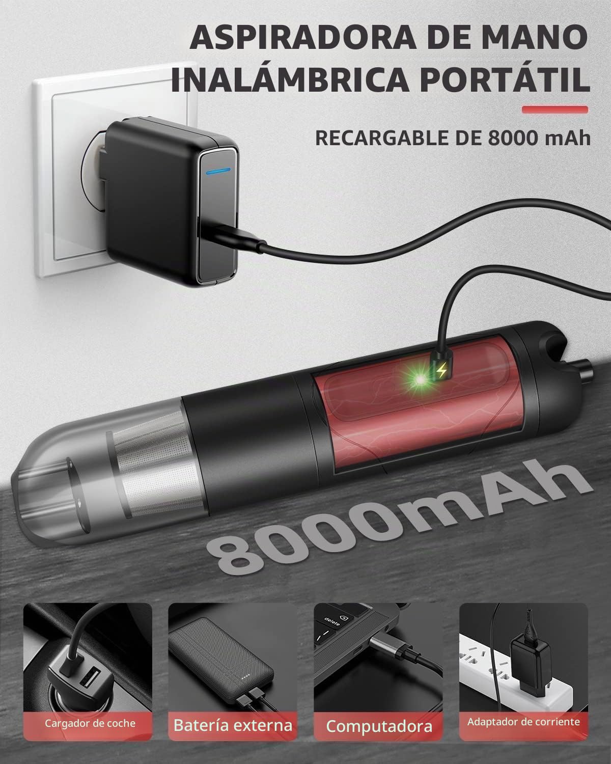 Aspiradora de Mano 2 en 1 y Soplador de Aire Comprimido Eléctrico, 10000-15000Pa, 50000-90000 RPM, Aspiradora para Coche Inalámbrica con 2 Velocidades, 120W, Batería de 8000mAh, para PC Portátil y PS5