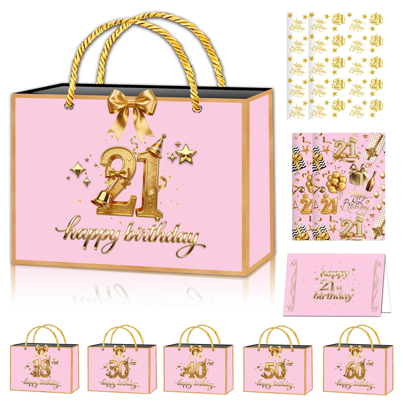 POPOYU Rose Gold 21st Birthday Gift Bag with 21stBirthday Wrapping Paper and Birthday Card,Ribbon,21st Birthday Wrapping Paper for Women,Tissue Paper Sheets for BirthdayGifts Wrapping,DIY Art Crafts