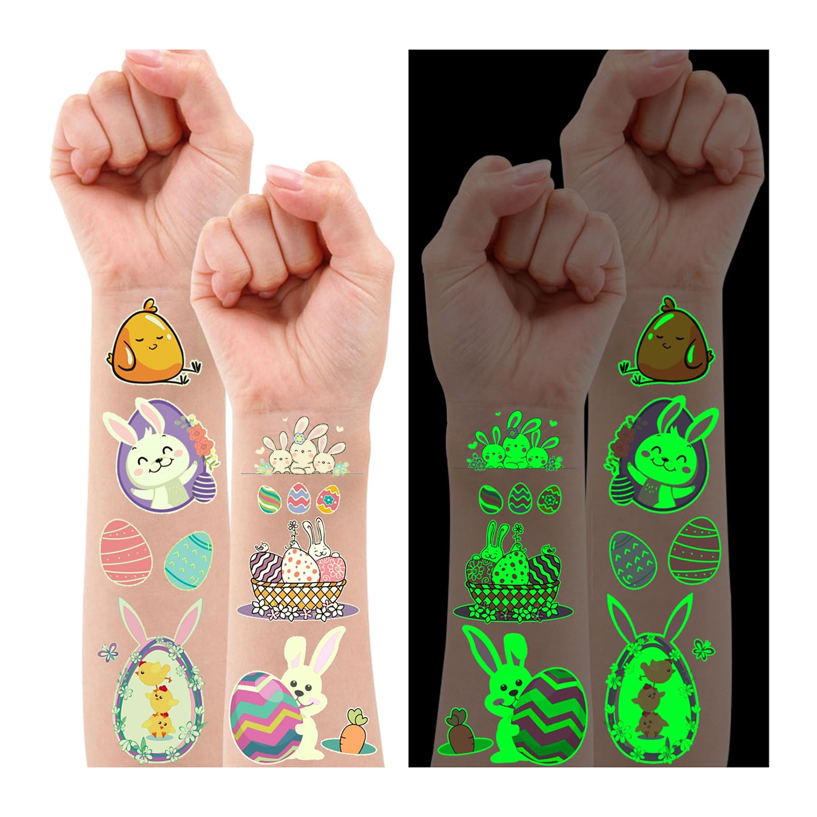 Partywind 132 PCS (12 Sheets) Luminous Easter Temporary Tattoos for Kids Basket Stuffers, Glow Easter Decorations Party Favors Supplies Essentials,