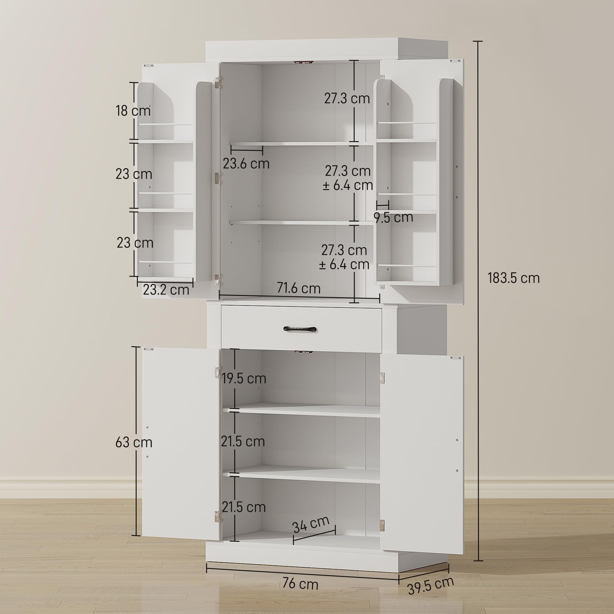 HOMCOM Credenza Cucina Alta 183.5 cm con 6 Portaspezie sulla Porta Bianco | 4 Ante a Fienile e Cassetto, Mobile Dispensa Rustico, Ripiani Regolabili, per Sala da Pranzo, Soggiorno