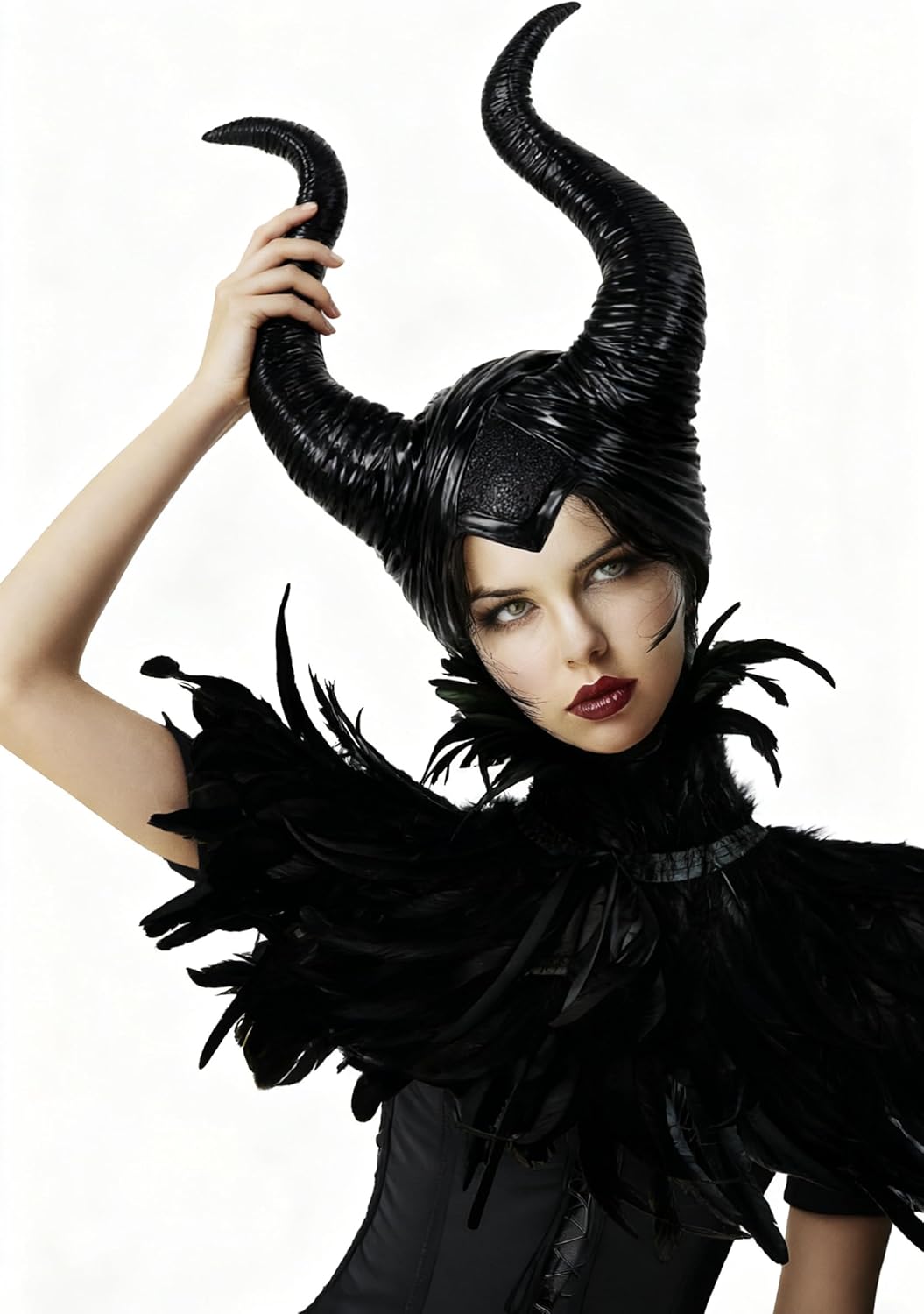 Feather Cape Shawl with Witch Horns Headband Set Halloween Costumes Couples Adults (Horns With Cape, Horns With Cape) - Image 2