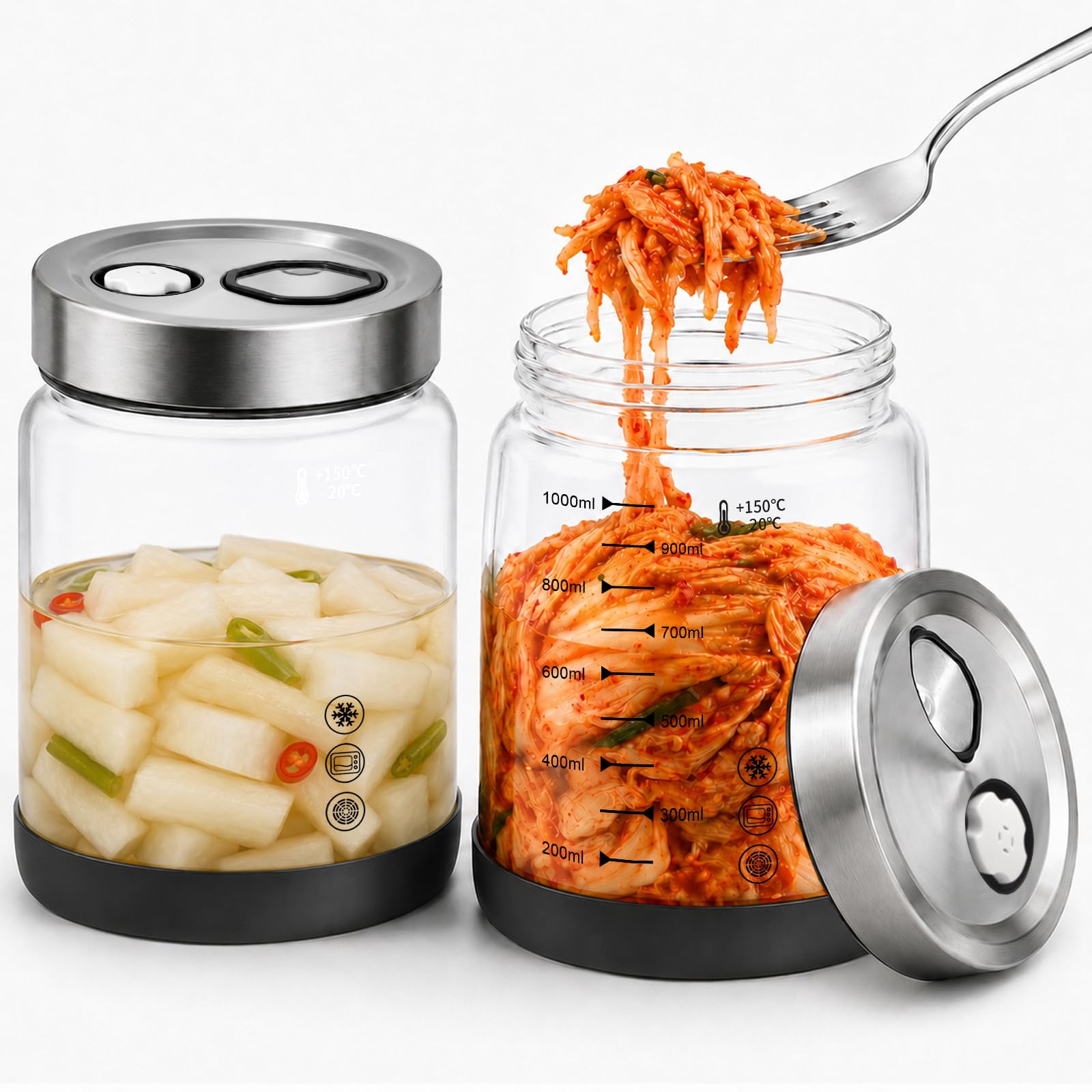 Diesisa 2 Stück 1L Borosilikatglas Fermentiergläser für Kimchi Sauerkraut | Fermentierglas mit Doppelanschluss-Auslassventil - Präziser Skala - Versiegelt & Rutschfest - für Kombucha Kefir