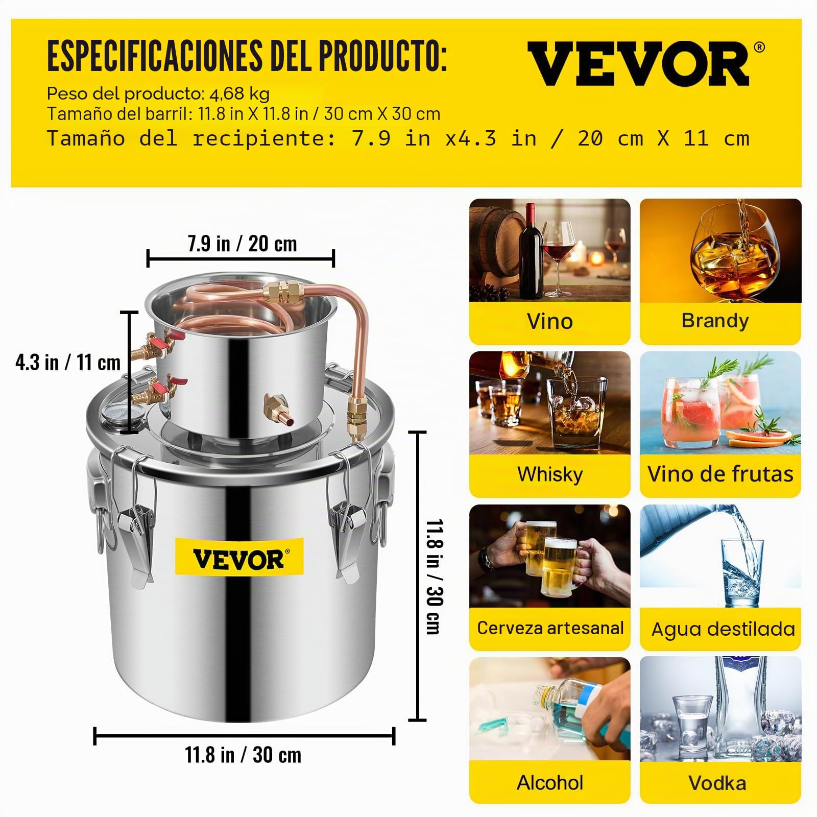 VEVOR Destilador de Agua 21L con Termómetro, Purificador y Filtro Portátil, Acero Inoxidable 4,7 kg