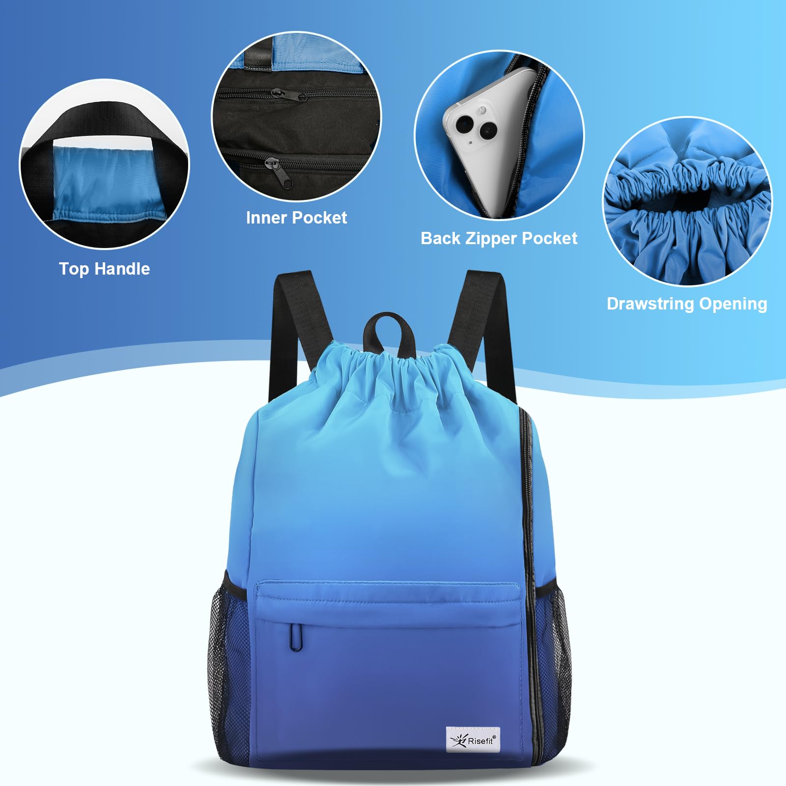 Risefit Waterproof Drawstring Bags String Backpack, Swim Bags PE Gym Bags Sports Backpacks Swimming Bags for Adults Kids - Image 2