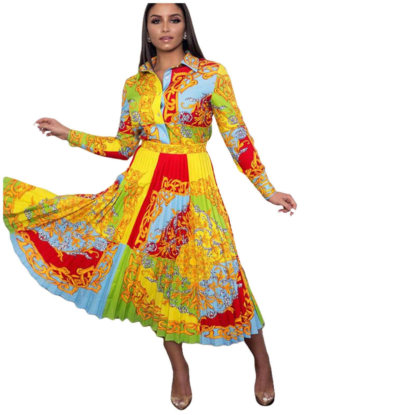 Abiti da Donna Abito da Donna con Risvolto, Manica Lunga, Vita Alta, vestibilità Aderente, Taglie Forti, Stampa alla Moda, Casual, Gonna Ampia E Ampia