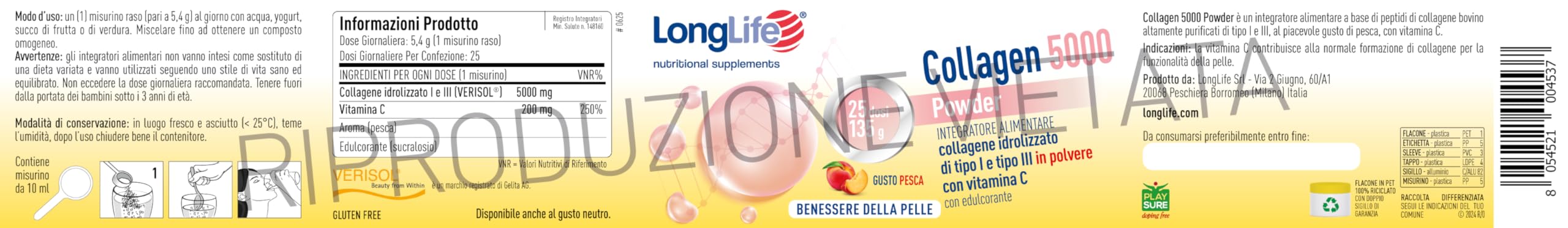 LongLife® Collagen 5000 Powder | 5000 mg di collagene idrolizzato di tipo I e III in polvere Verisol®| Con vitamina C | Benessere della pelle | 25 dosi | Gusto pesca e senza glutine