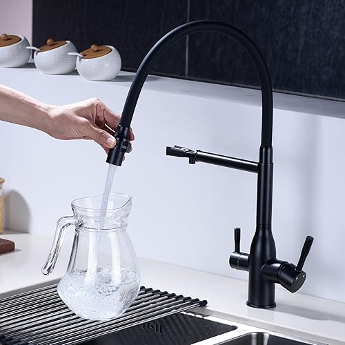 Miniatura 5 de TRUSTMI Grifo de cocina negro con rociador extraíble, acoplamiento magnético, un solo agujero, 2 asas, con boquilla de agua potable, negro mate
