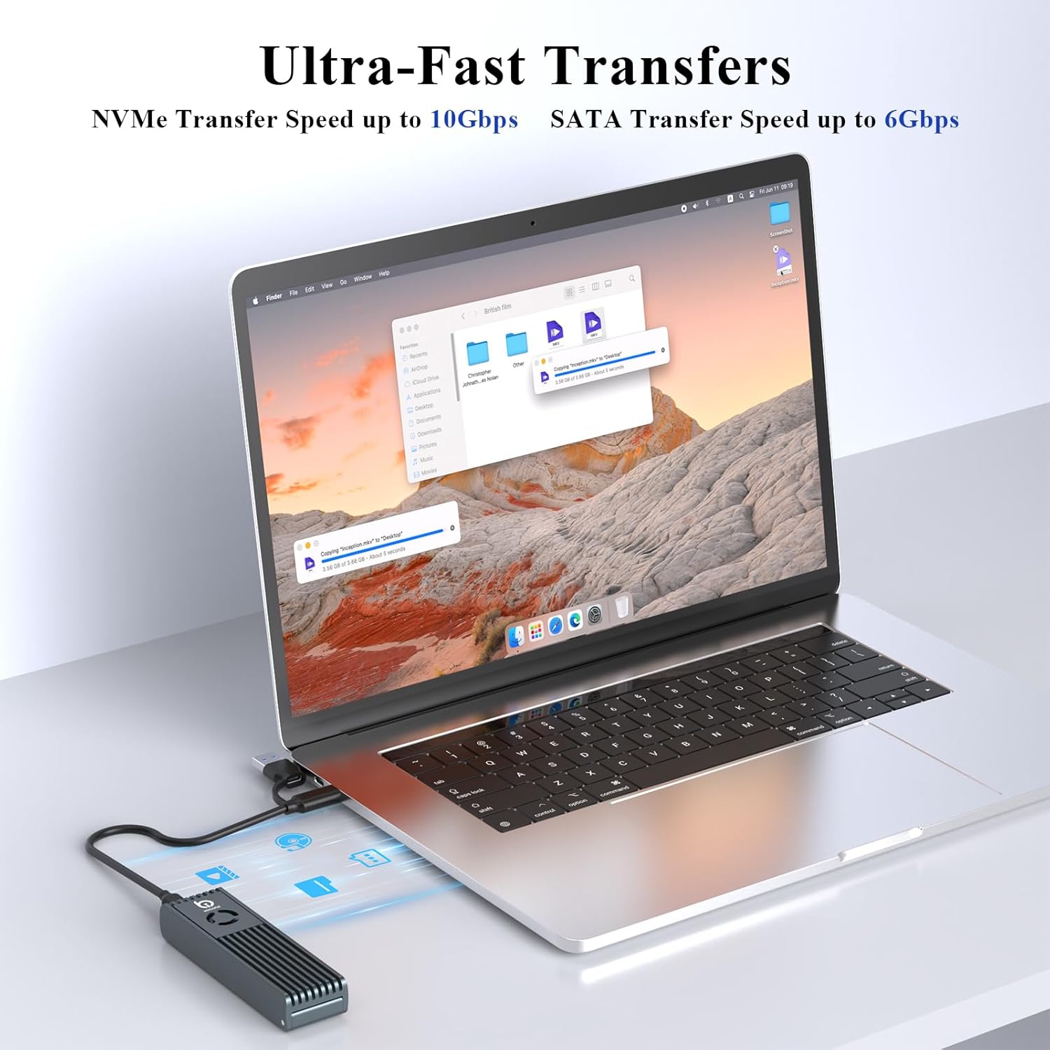 NVMe Enclosure with Cooling Fan, Tool-Free Installation,Full Aluminum Alloy, Sandwich Style Design, USB 3.2 Gen 2 PCIe Adapter for M & M+B Key NVMe/SATA M.2 SSD Case for 2230/2242/2260/2280 - Image 2