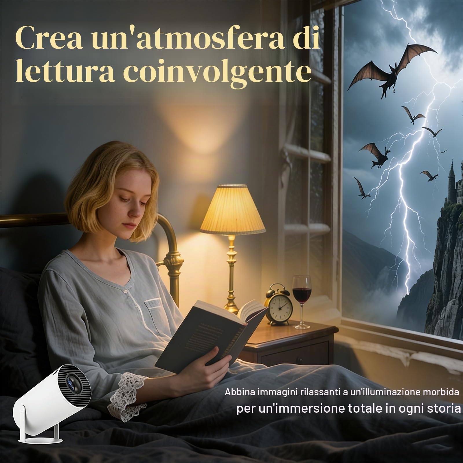Proiettore Smart Book 4K, proiettore artificiale fantasy con chiave di volta automatica e correzione ±15°, rotazione di 180° per una lettura confortevole e un'immersione in camera da letto