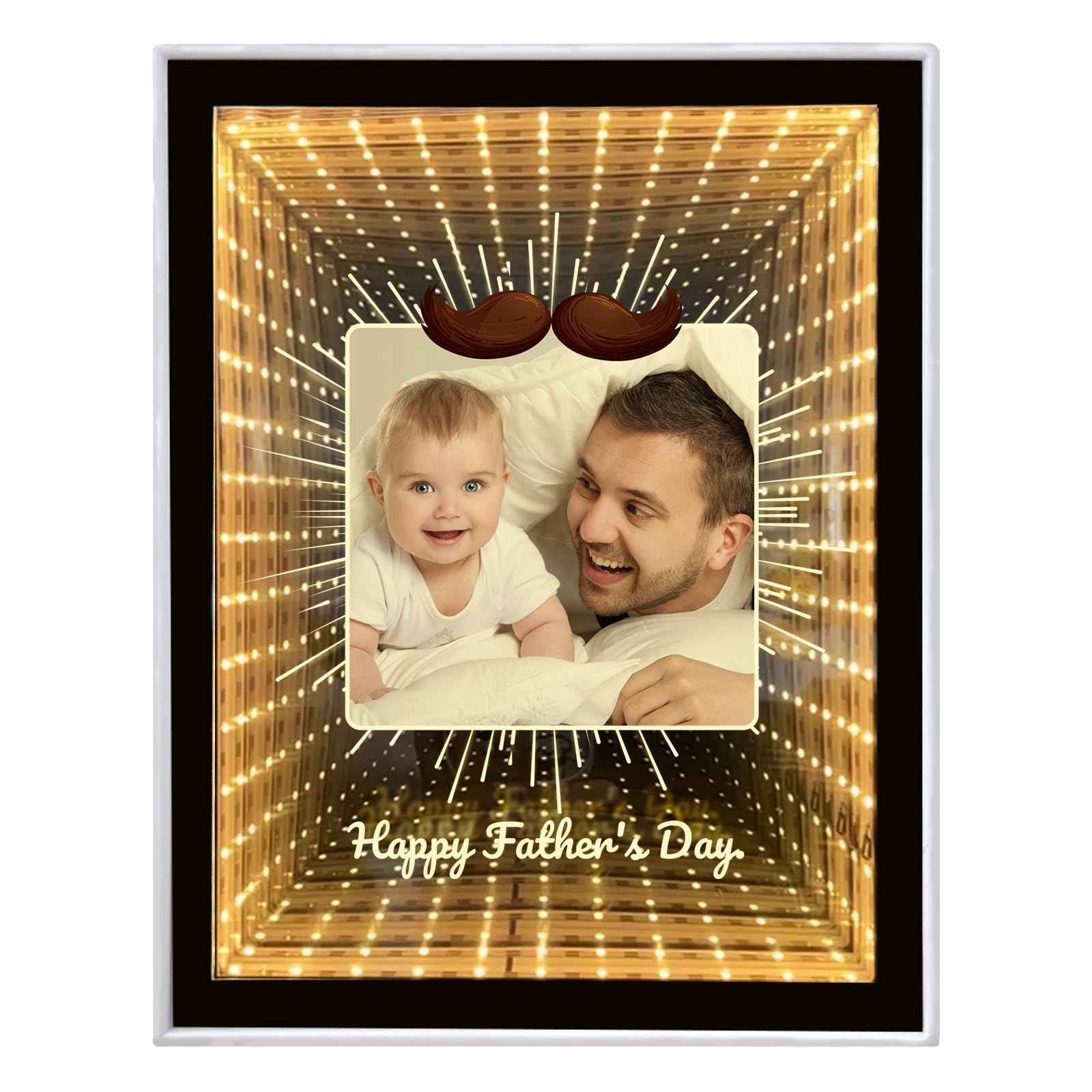 Personalised Photo Infinity Mirror, Custom Fathers Day, Thanksgiving, Birthday Gifts for Dad, Desktop LED Night Light Makeup Mirror 2 in 1, Home Decoration Bedroom Office Living Room