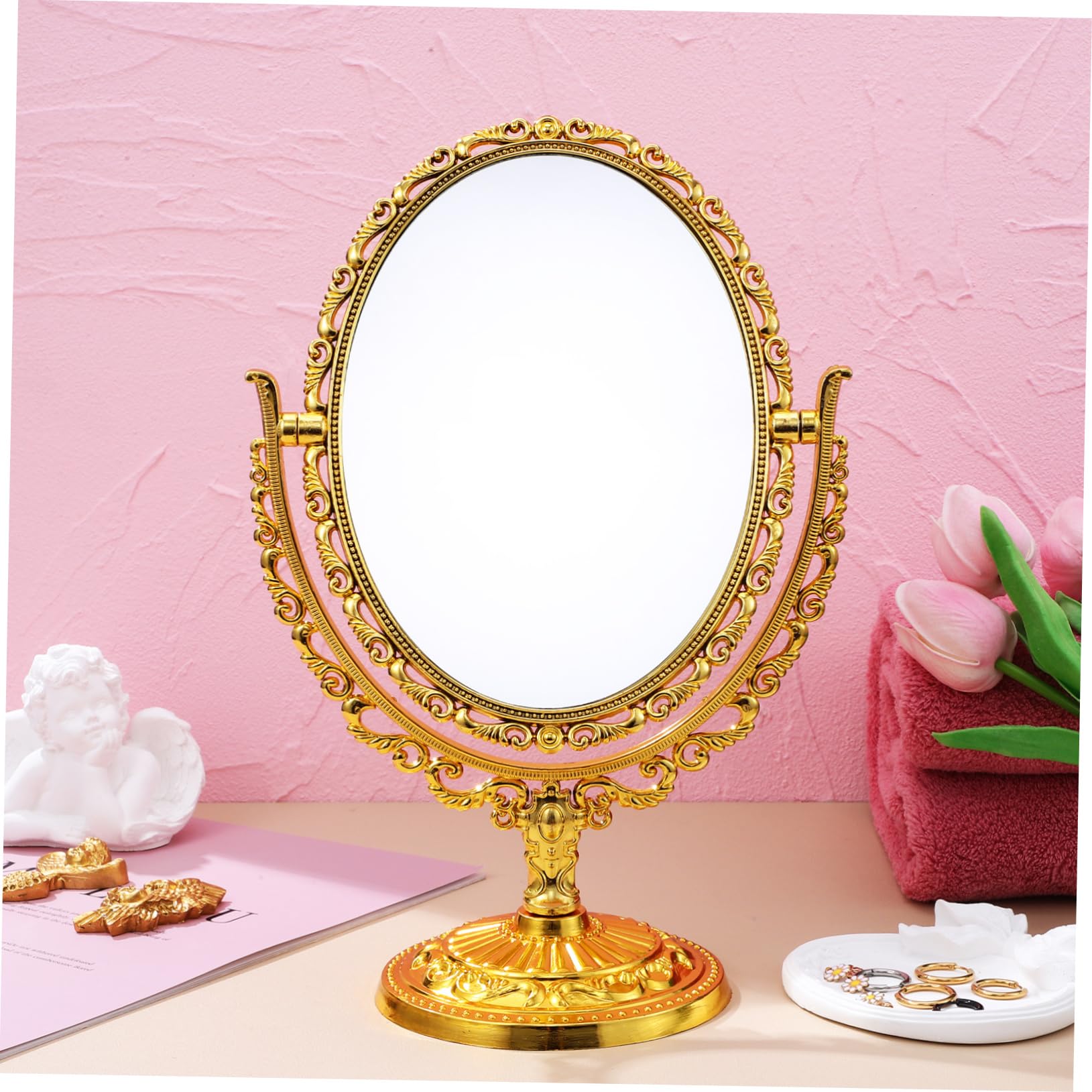 Specchio da Tavolo Oro Rotante a Forma Ellittica Doppio Lato Vintage