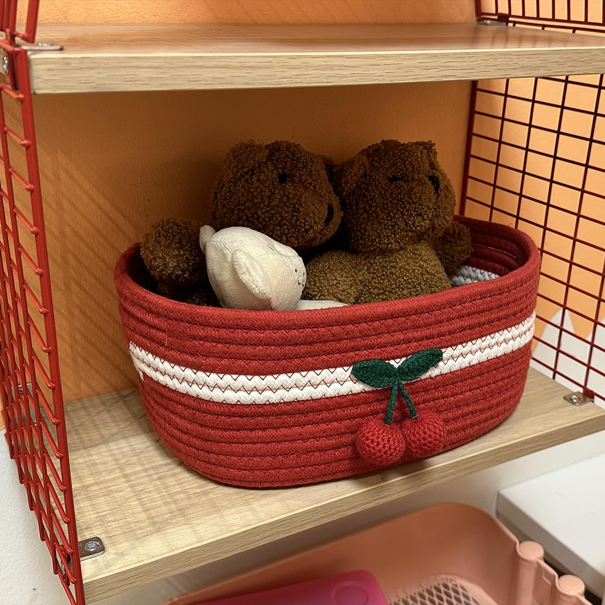 SHIANCE&LI Small Woven Basket Cute Cotton Rope with Handles Gift Oval For Storage Baby Dog Toy Room Basket 12"x 8" x 5" Decorative Basket(Cherry,S)