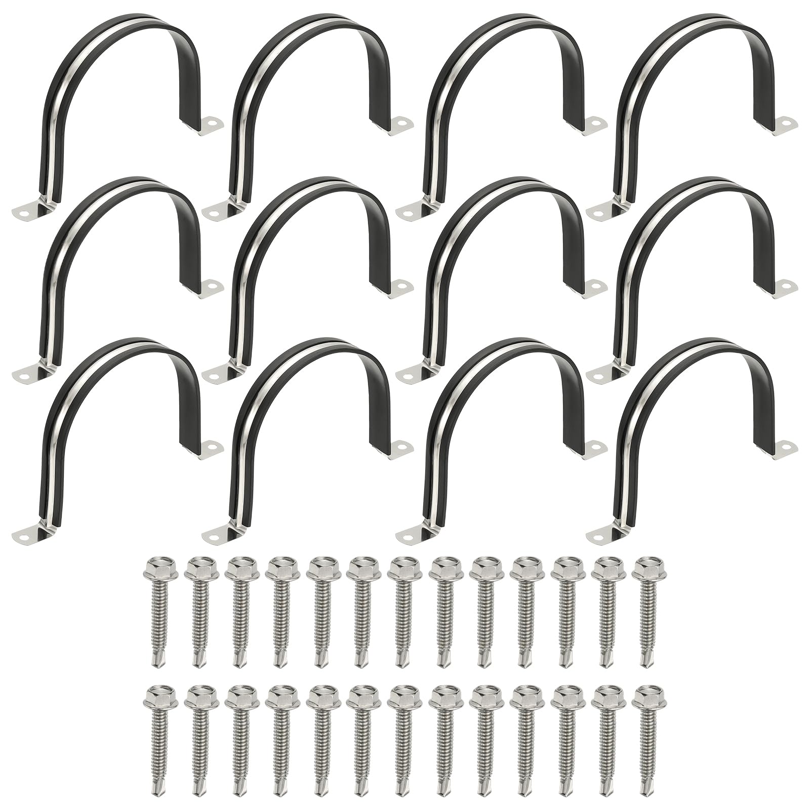 PATIKIL 12Pcs Pipe Clamps, 4-1/4 Inch 304 Stainless Steel Rubber Cushioned U Bracket Conduit Clamps Pipe Strap Wire Clips with Hexagonal Screw for Tube Hose Cord Installation, 108mm