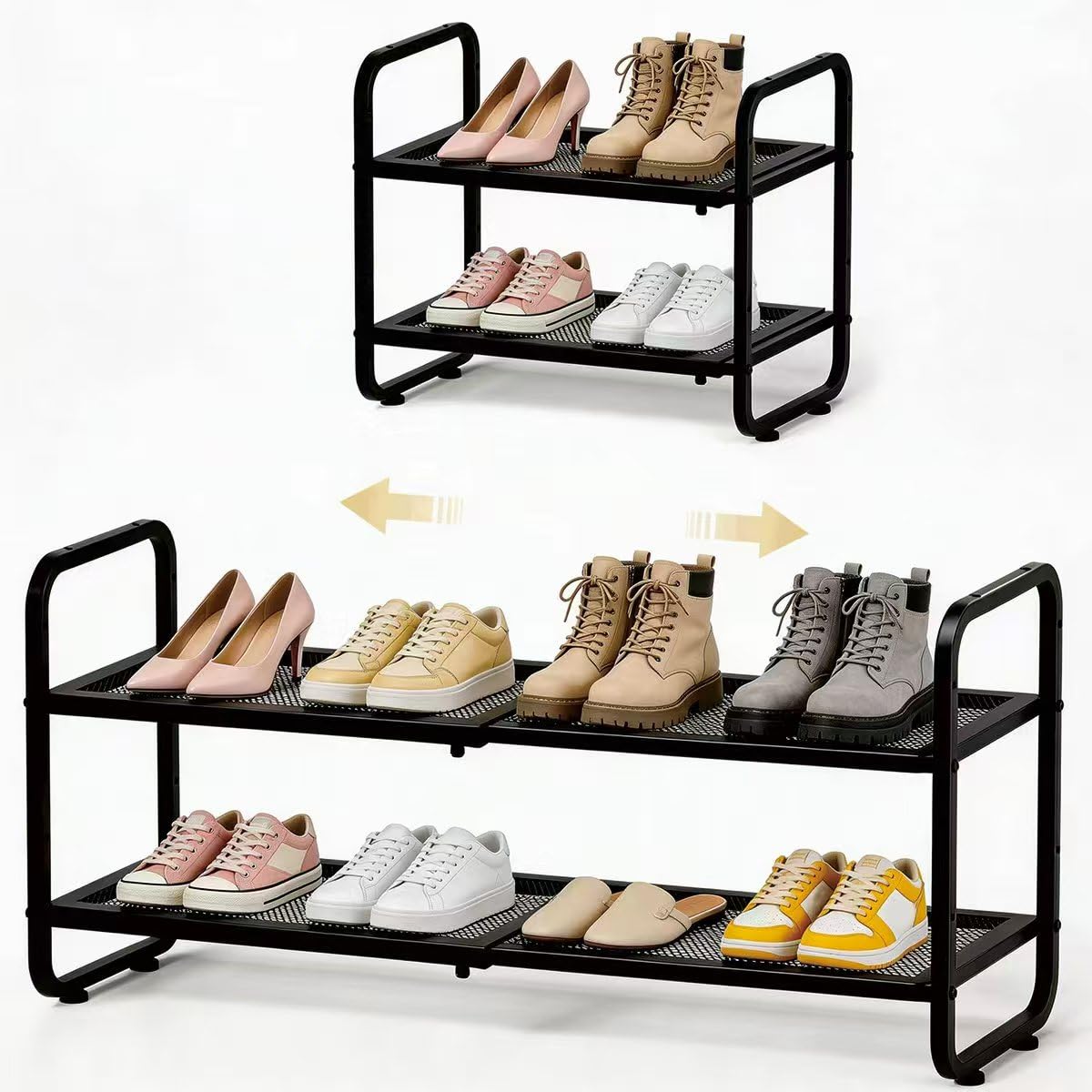 Zapatero de metal expandible de 2 niveles, altura ajustable y apilable, almacenamiento de zapatos para pasillo, garaje, armario, color negro