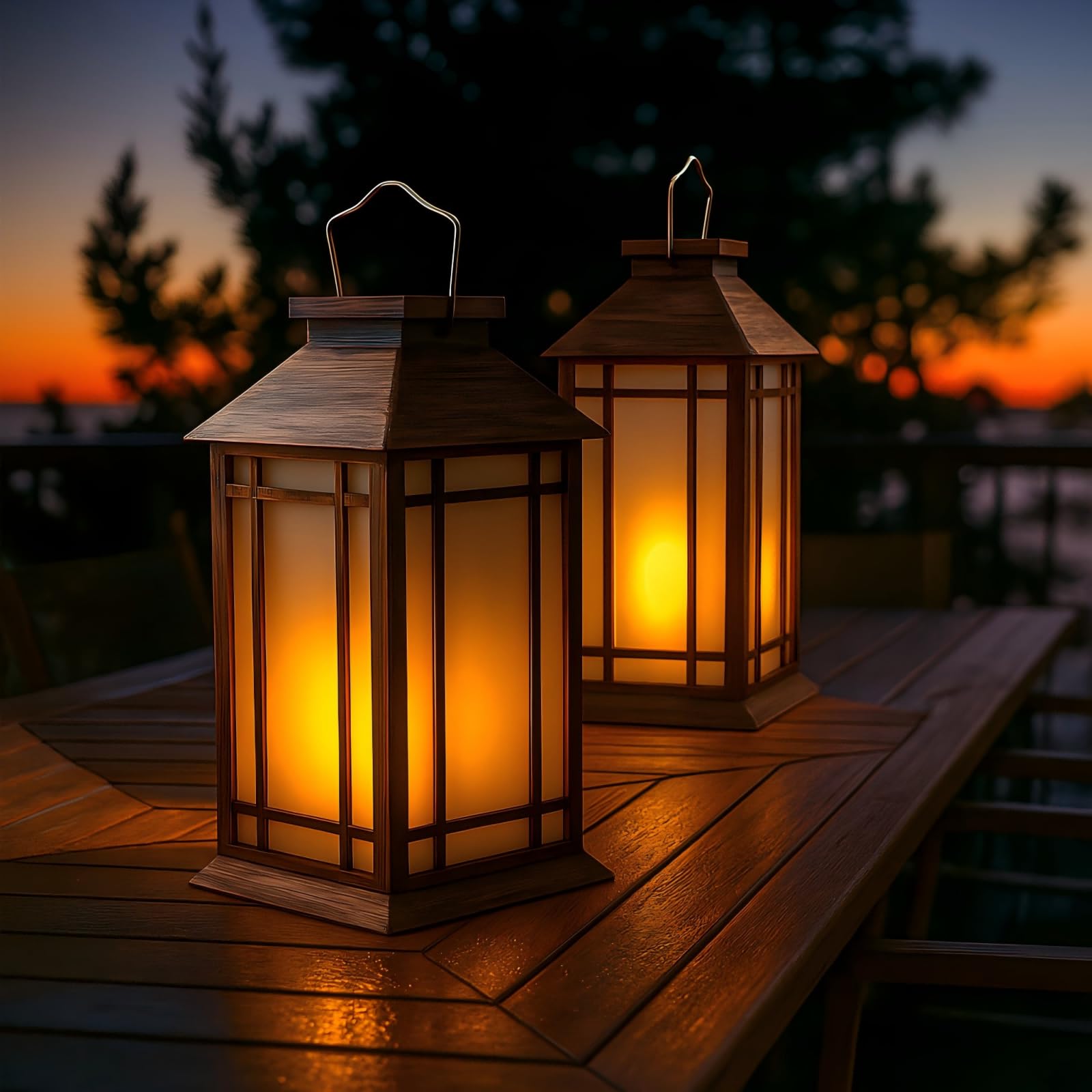 Paquete de 2 faroles de vela vintage de 13 pulgadas con vela LED sin llama (temporizador de 6 horas), impermeable IP65, funciona con pilas, faroles colgantes para patio al aire libre, faroles 3