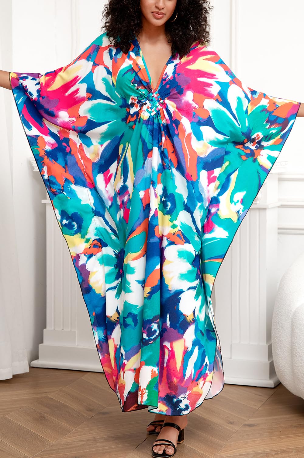 Damskie kwieciste haftowane kimono, długa letnia sukienka maxi, kaftan, na plażę, okrycie górne boho