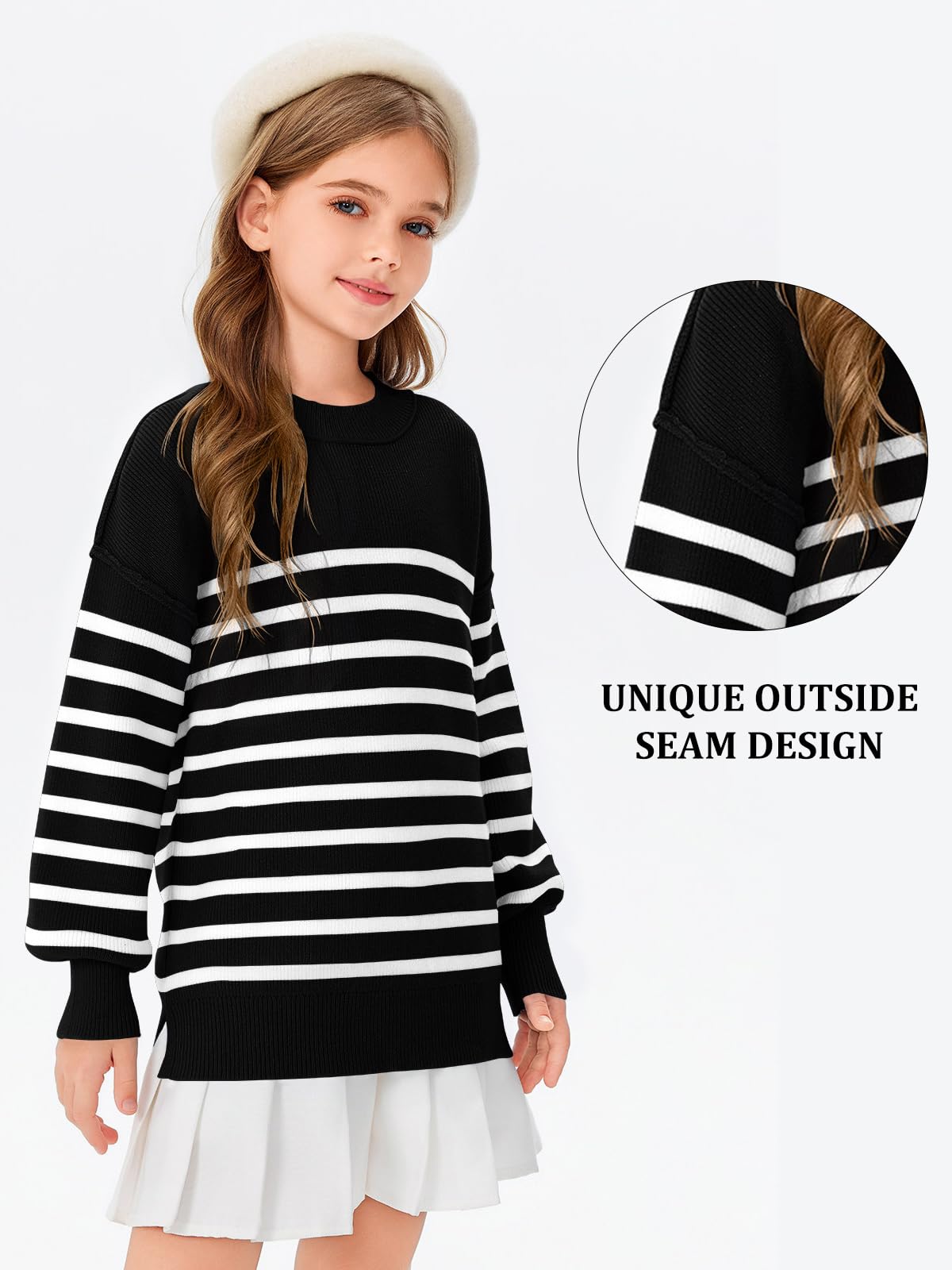 Haloumoning Suéter de gran tamaño a rayas para niñas otoño invierno moda manga murciélago cuello redondo acanalado ranura lateral suéter de punto