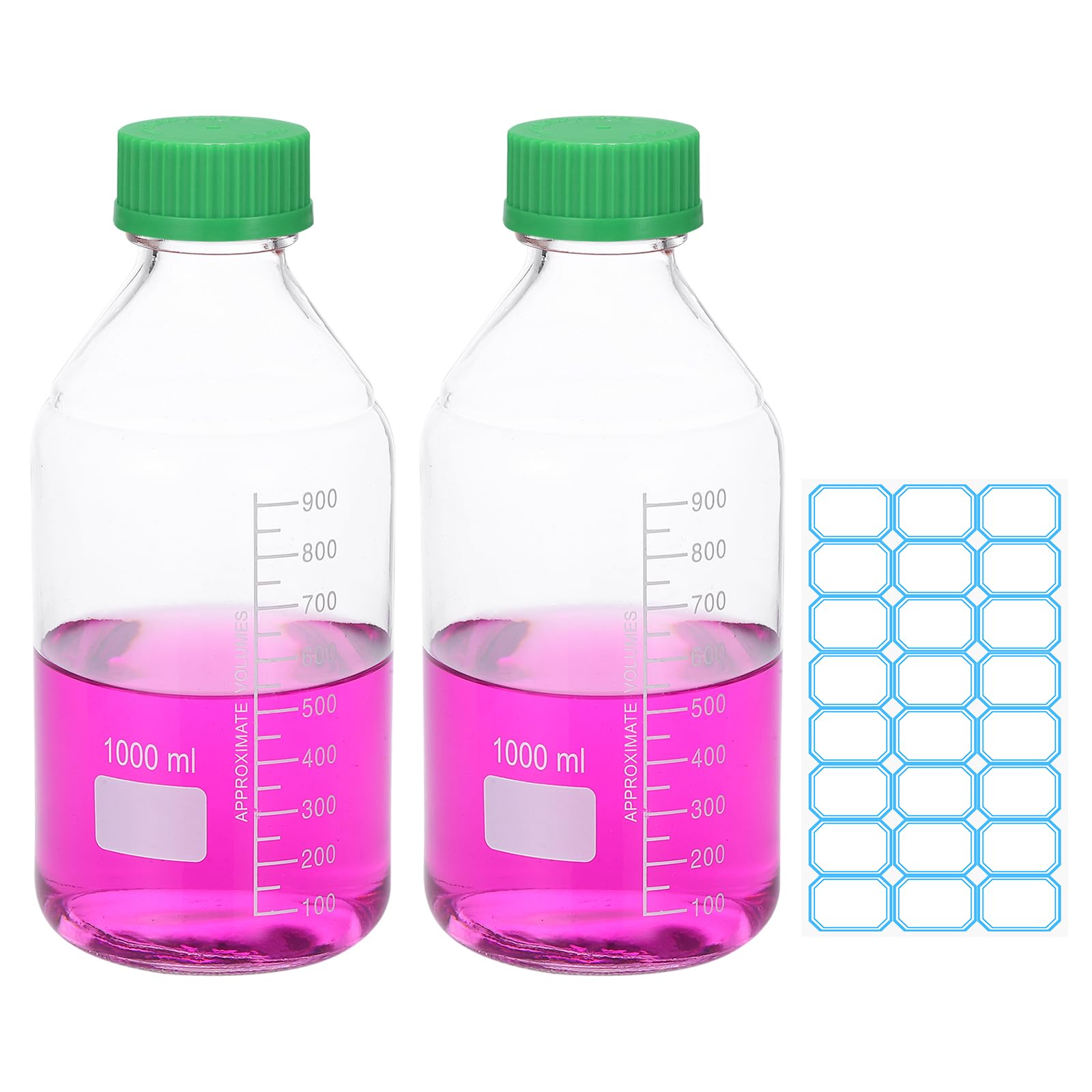 PATIKIL Reagenz-Medien-Aufbewahrungsflaschen, 1000 ml, Borosilikatglas, runde Flaschen mit grünem GL32-Schraubverschluss für Laborwasserflüssigkeiten, transparent, 2 Stück