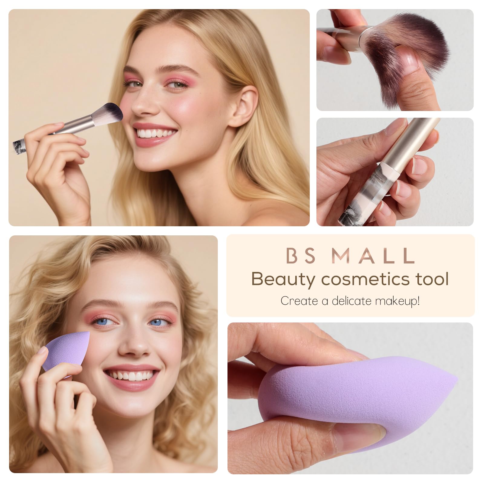 BS-MALL Lot de 15 pinceaux de maquillage de voyage - Miroir lumineux LED avec éponge de maquillage pour une routine de beauté améliorée