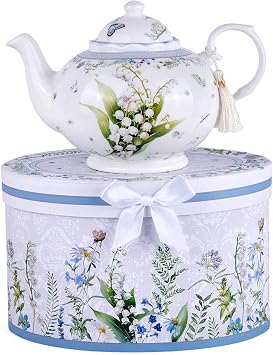 Lily of the Valley Bone China Teapot in Gift Box 36.5 fl oz 1080 ml Teapot for Loose Tea, Decorative Gift Box, Dishwasher safe