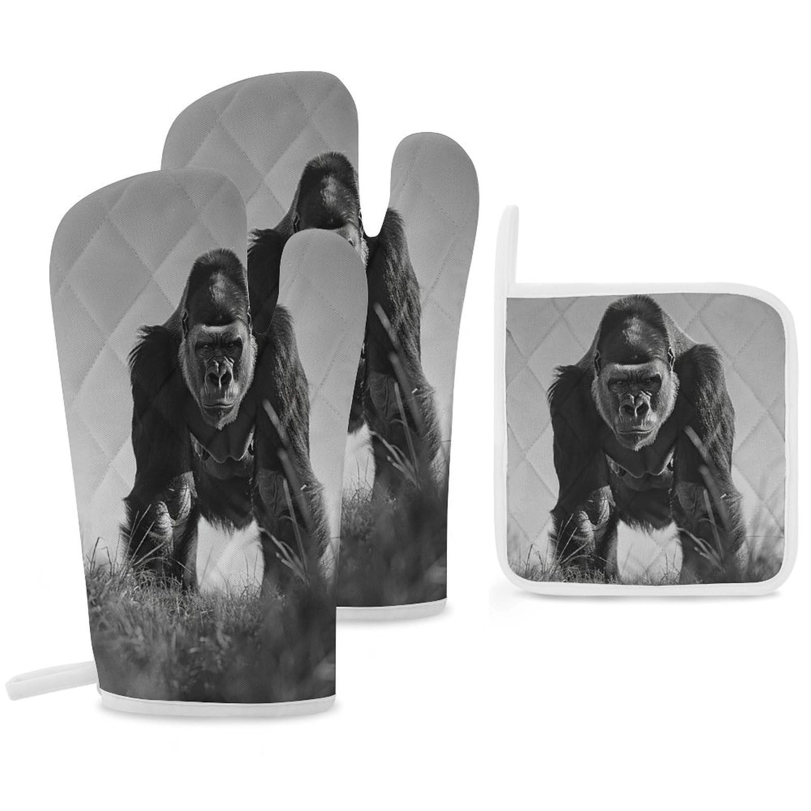 Oven Mitts And Pot Holders Sets of 3 Heat Resistant BBQ Gloves Gorilla in The Grass Oven Mitts Gloves Non-Slip Kitchen Mittens Potholders for Cooking Baking Grilling BBQ Microwave