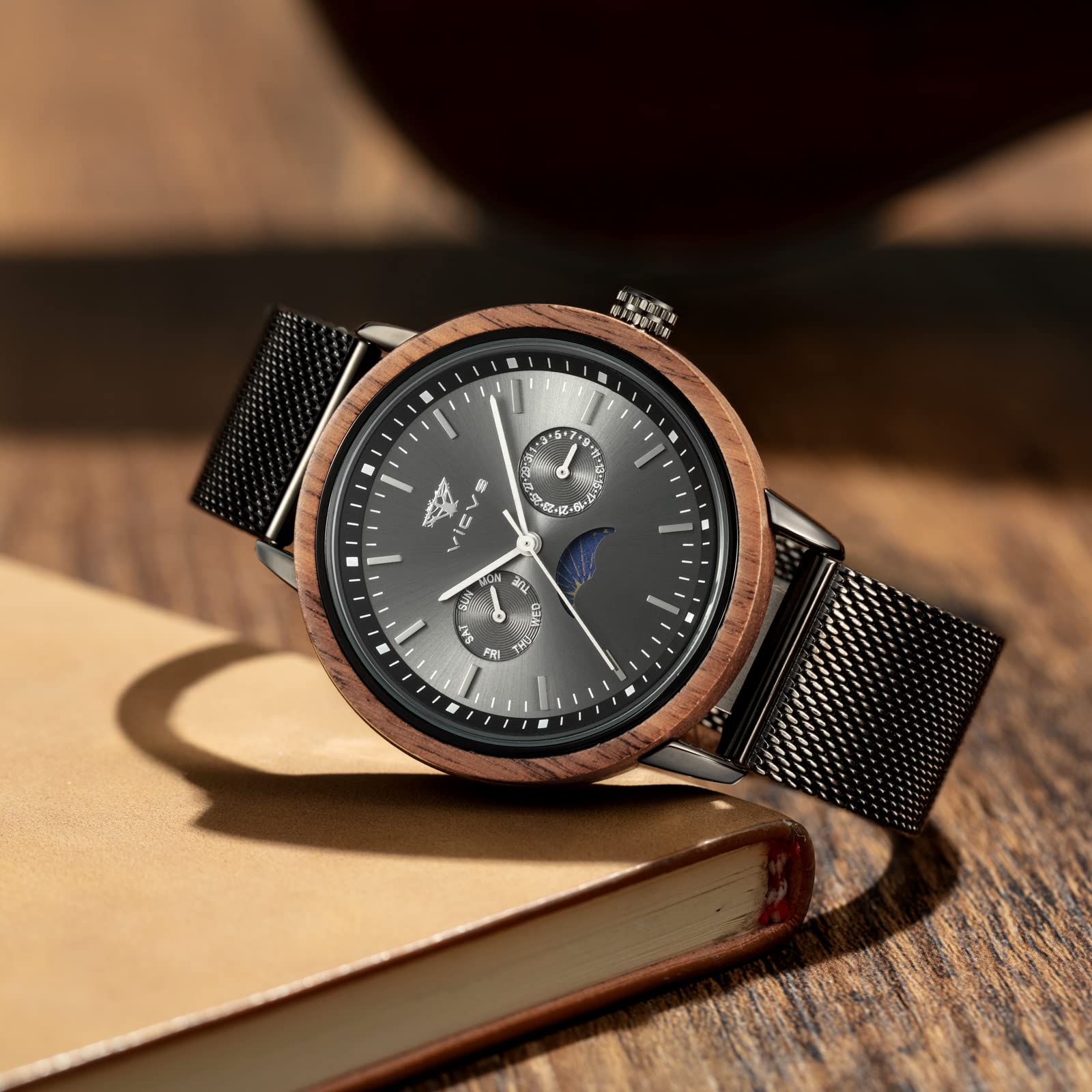 Reloj de Madera para Hombre Reloj es de Madera y Acero Inoxidable con un Reloj de Madera con Fecha y Fase de Luna a la Vez Casual y Deportivo