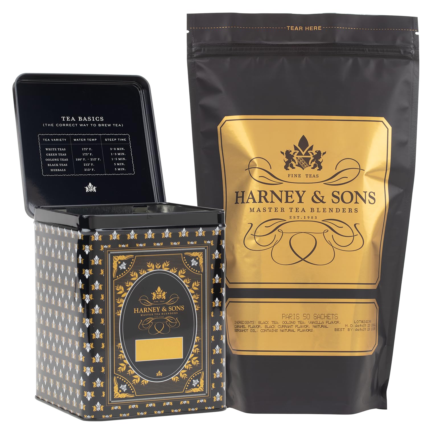 Harney & Sons Paris Tea & Black Tea Canister, 50ct sachet & Storage Tin Set