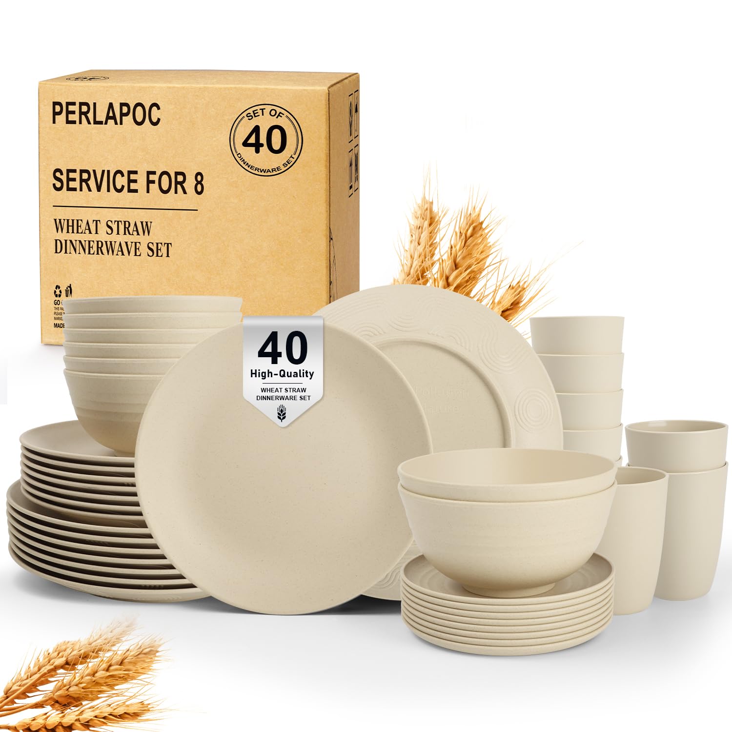 Dinnerware Sets 40 PCS Wheat Straw Plates and Bowls Sets With Cups Service for 8 Microwave Safe Dishes for Kitchen Lightweight Dish Set for RV Outdoor Activities Travel - Beige Colors