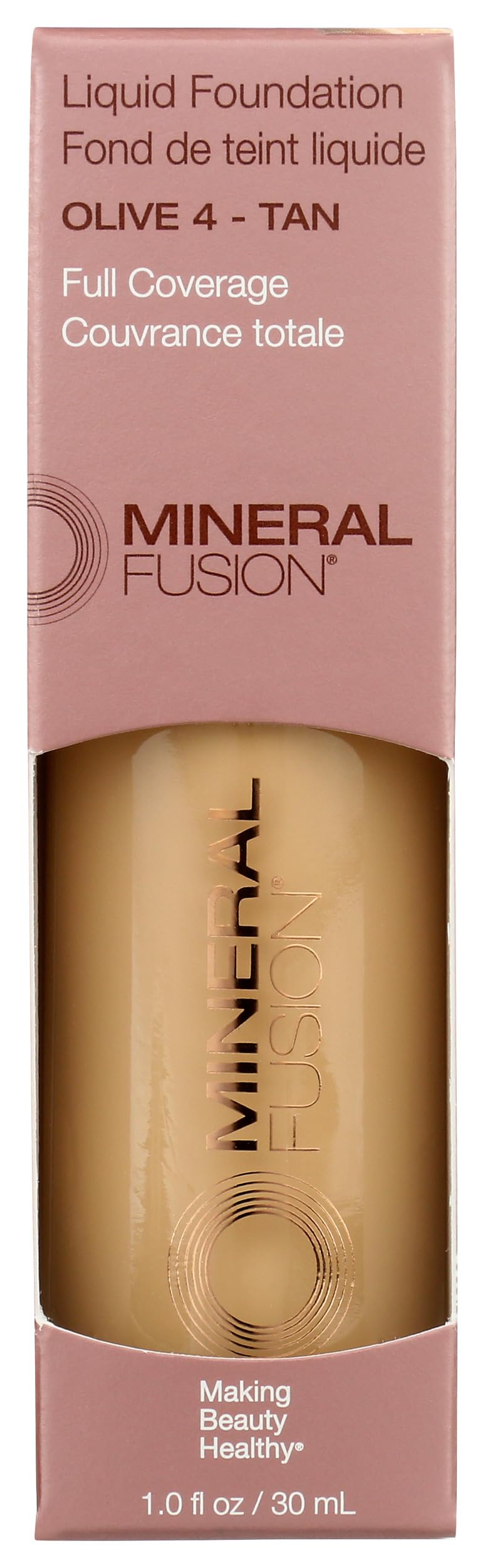 Mineral Fusion Full Coverage Foundation, Liquid Foundation - Olive 4- Med to Tan Complexion w/Olive/Green Undertones, Lightweight Matte Finish, Up to 12 Hr Hydration, Hypoallergenic & Vegan, 1 fl. oz