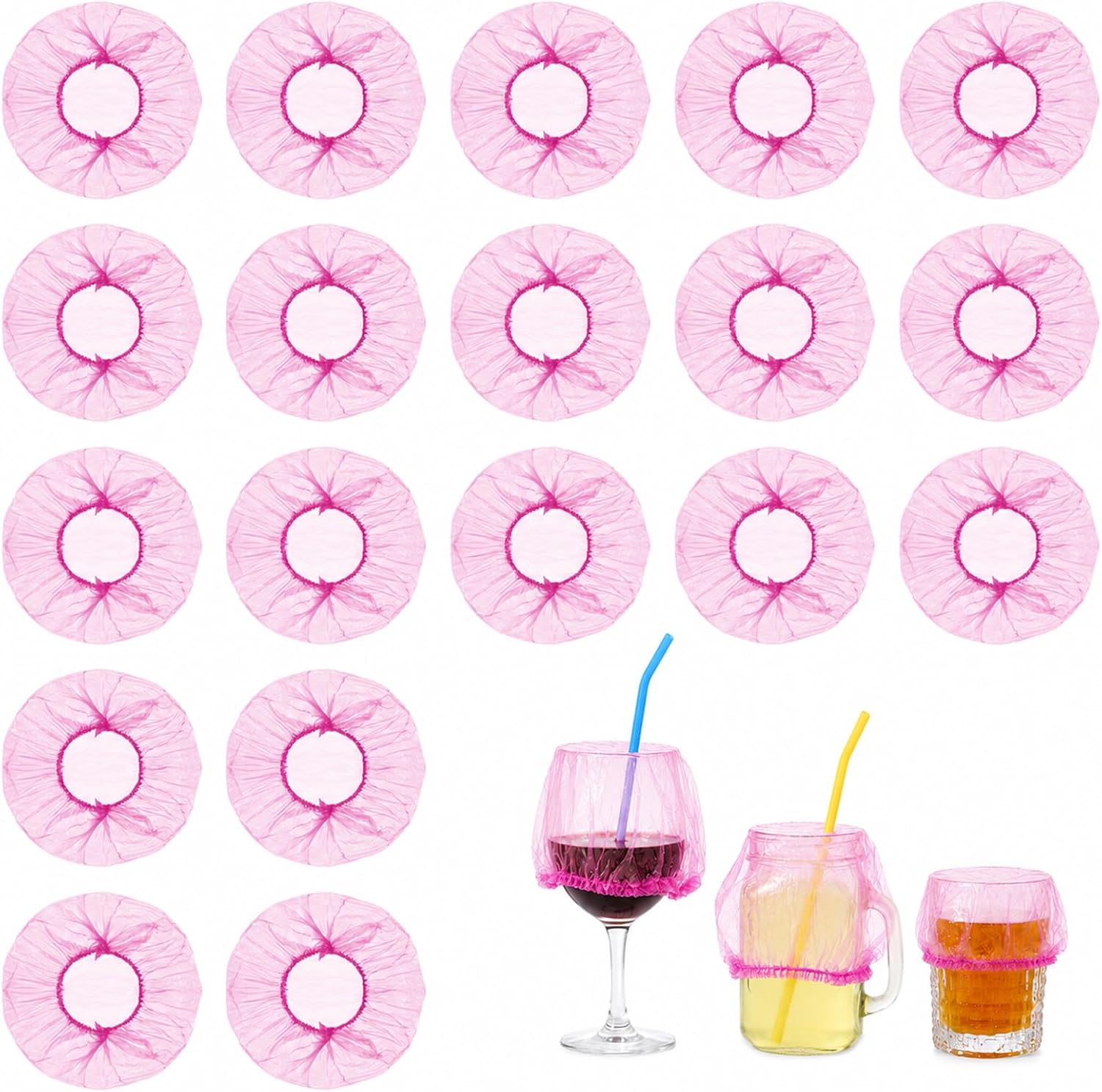 100 Pcs Disposable Drink Covers for Alcohol Protection Women Scrunchie, Disposable Cup Covers Wine Glass Cover fit Most Cup Sizes Drink Protector for Women Adult Bar Club Party (Pink, Large)