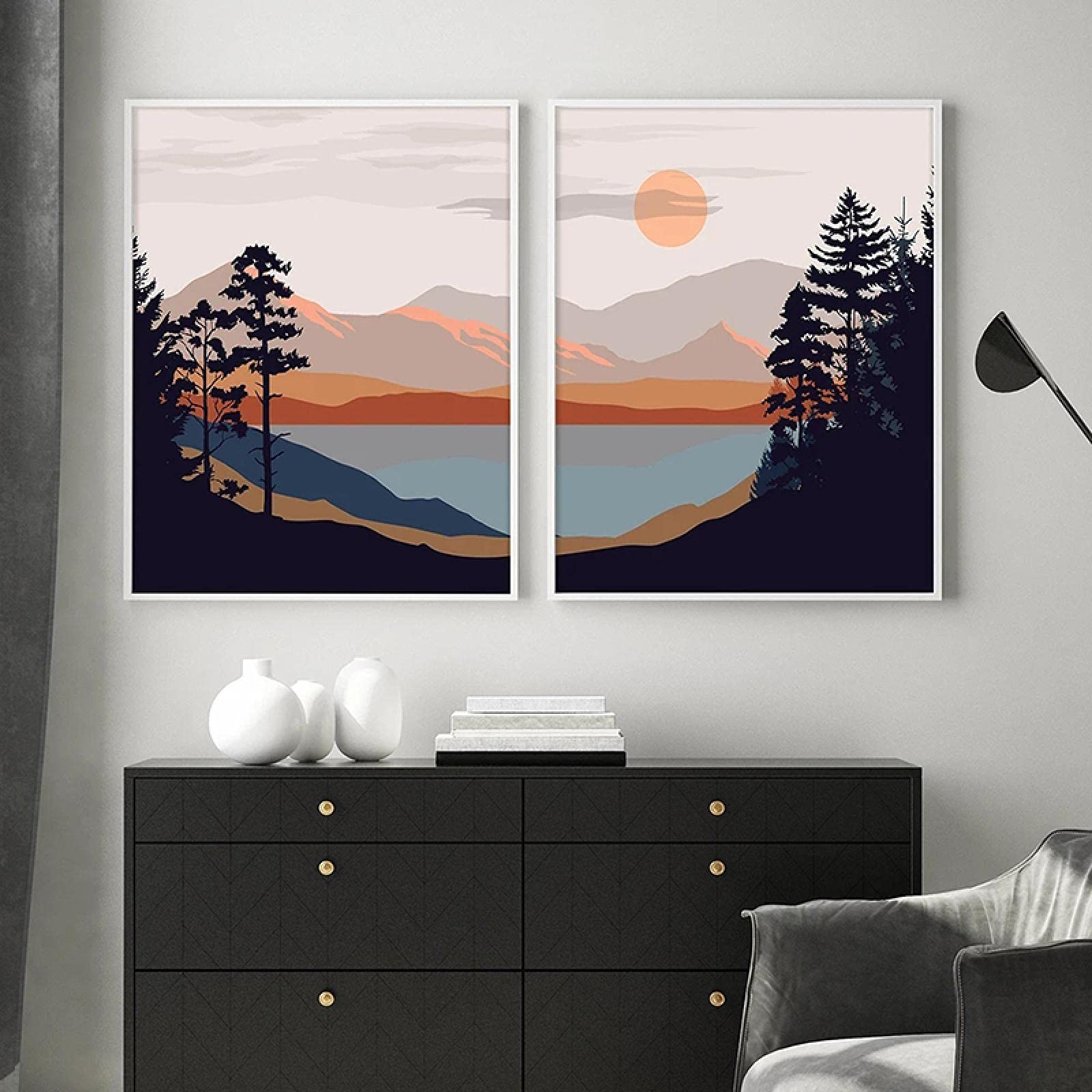 Yooyu Sun Paisaje Pintura Terracota Pared Arte Lienzo impresión montaña Lago Cartel Moderno Sala de Estar decoración de Pared 55x80cmx2 Marco Interno