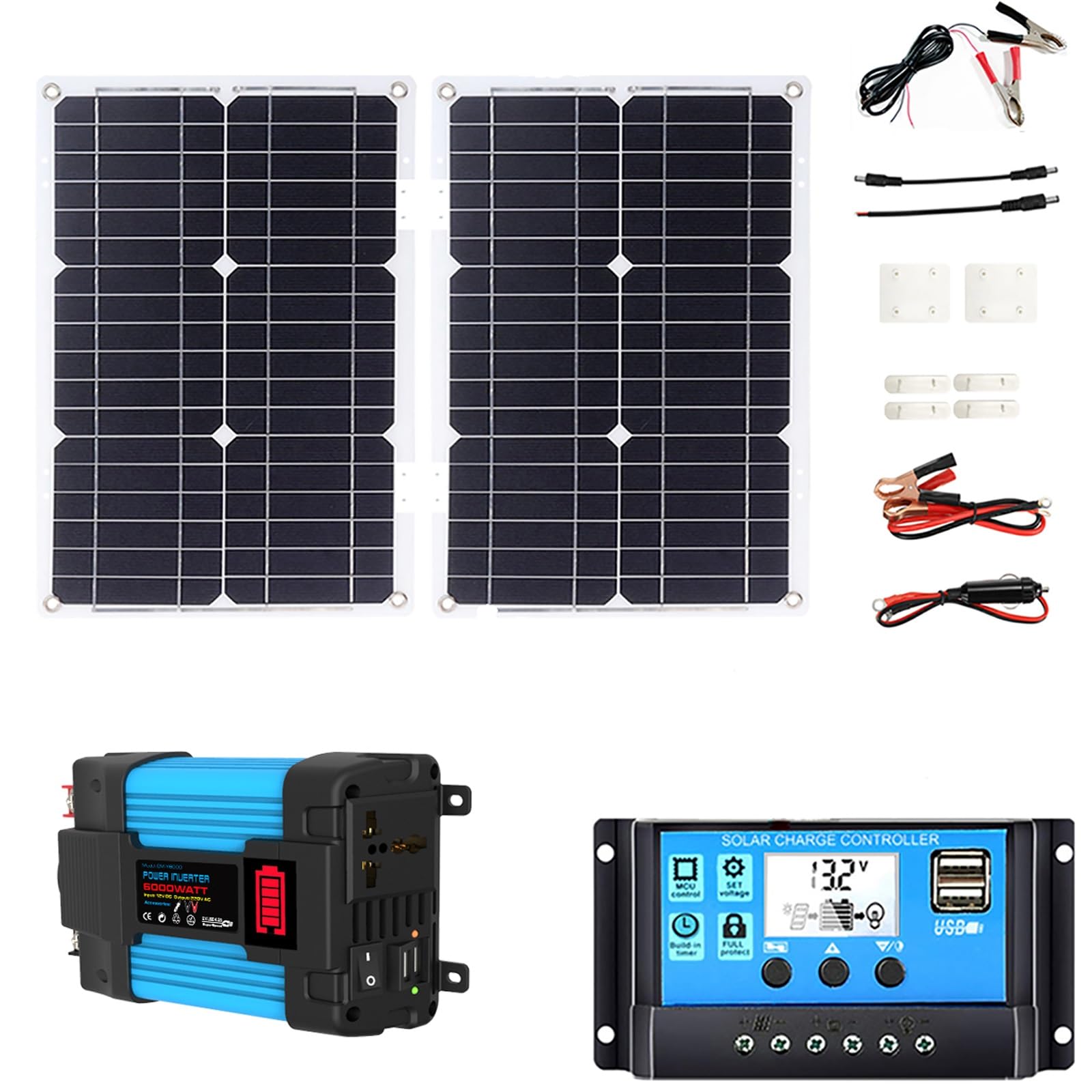 36W Foldable Solar Panel Kit with USB Ports, 6000W Power Inverter DC12V to AC110V/220V, 30A Charge Controller with LCD – Portable Solar Power System for Car, RV, Camping, Emergency Backup(DC12V AC110V