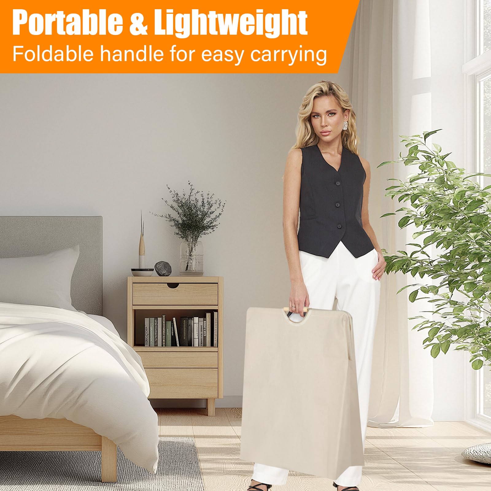 Panier à Linge Pliable 60 L – Grand Format 40×50×30 Cm – Coton & Lin Avec Poignées Bois – Gain De Place & Élégant