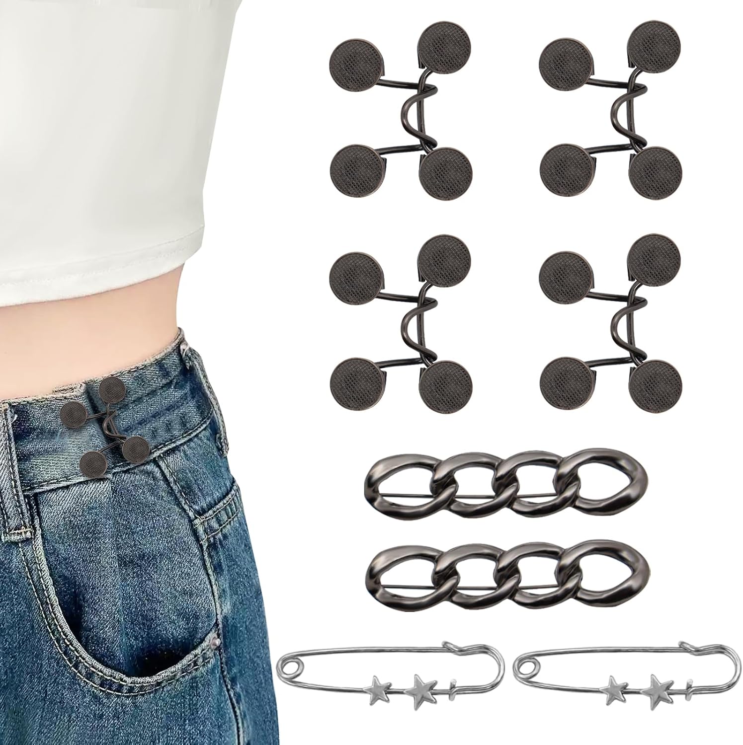 8 Set Pant Waist Tightener for Women Waist Cincher Clip Black