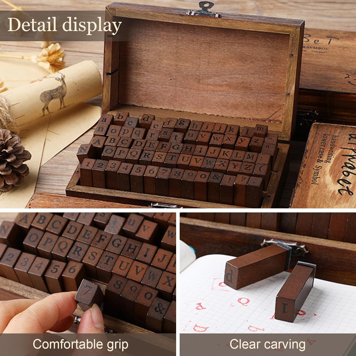 Gearmax Legno Rubber Stamp Box 70 Pezzi Francobolli Numero Lettera Set Vintage
