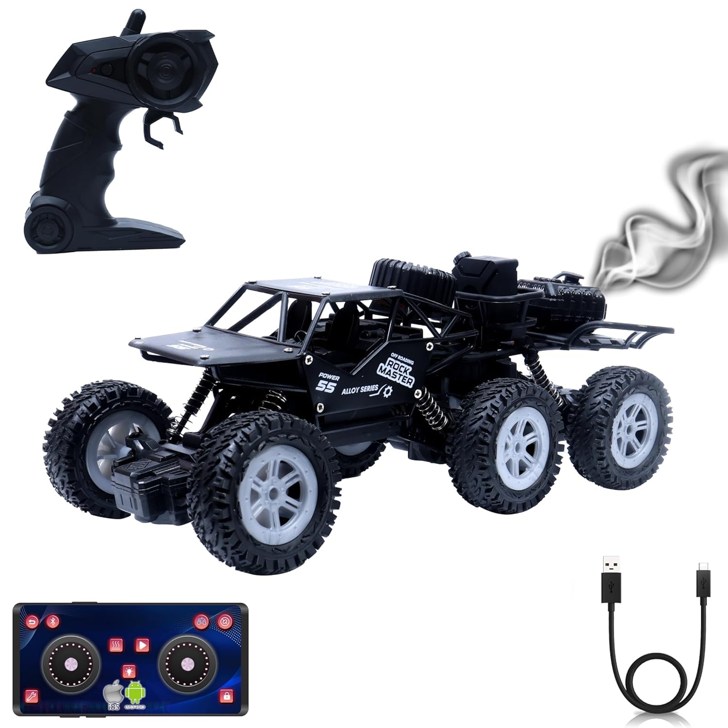 6x6 Rock Crawler RC Car with Smoke Function & App Control MULTICOLOUR | Triple Motor Drive, Shock Suspension, ABS Plastic Body, Off-Road Toy, USB Rechargeable-image-25