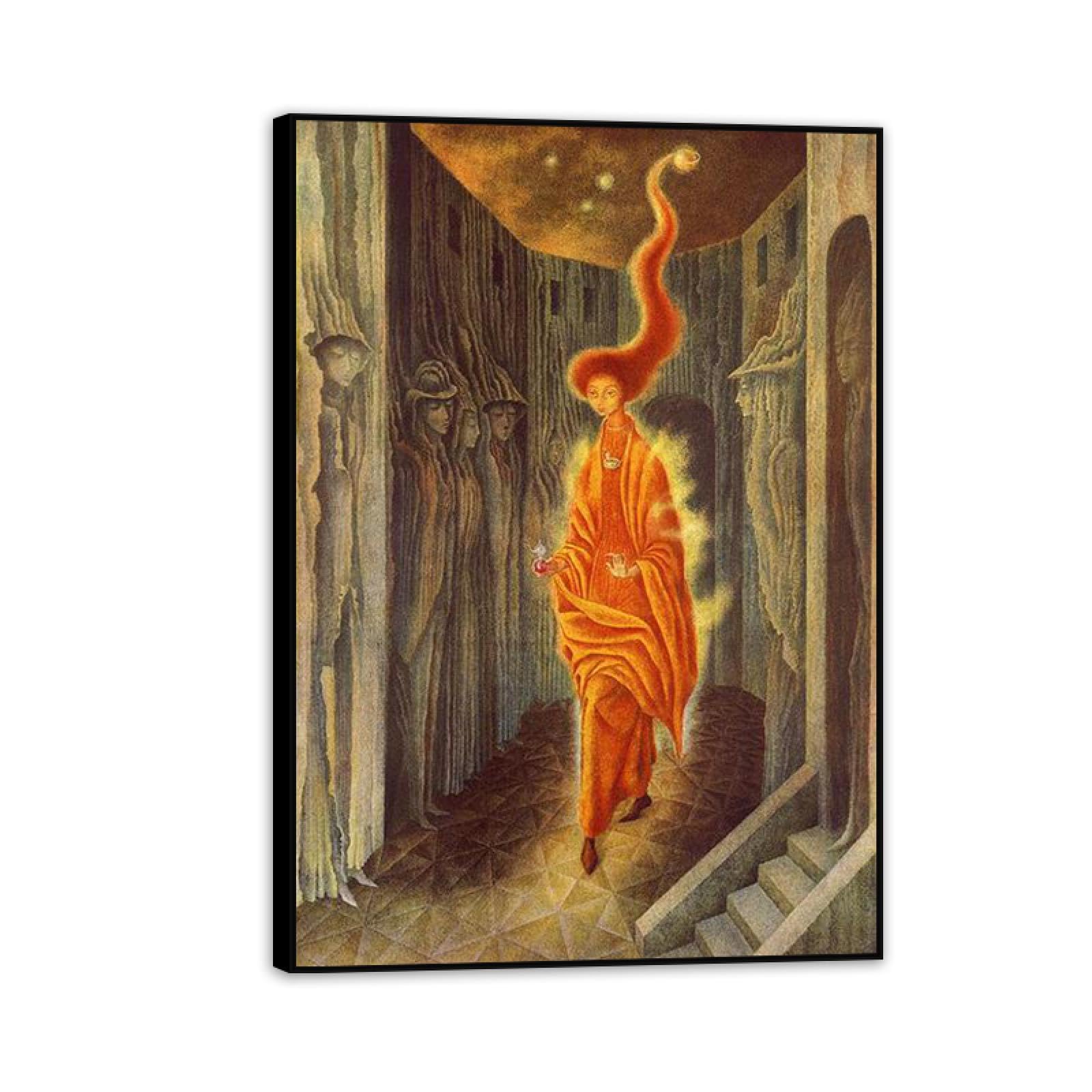 MYCGGDGH Remedios Varo Canvas Wall Art Reproductions of Famous Paintings The Call Surrealist Canvas Painting Wall Decor for Living Room Bedroom Home Decor 85x60cm(33x24in) Black Framed