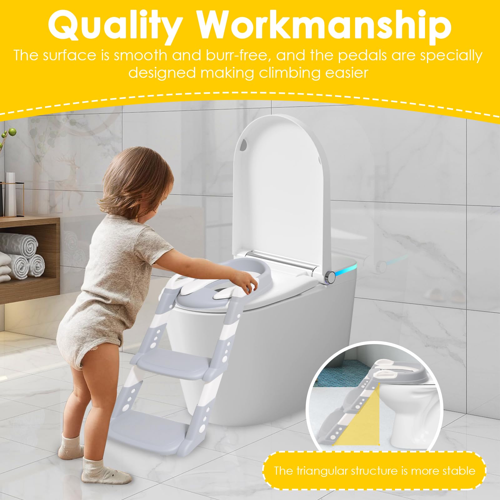 Asiento de inodoro para niños con escalera, 2 en 1 asiento de inodoro para niños con acolchado de PVC suave, altura ajustable, entrenador de inodoro desmontable, resistente a salpicaduras y