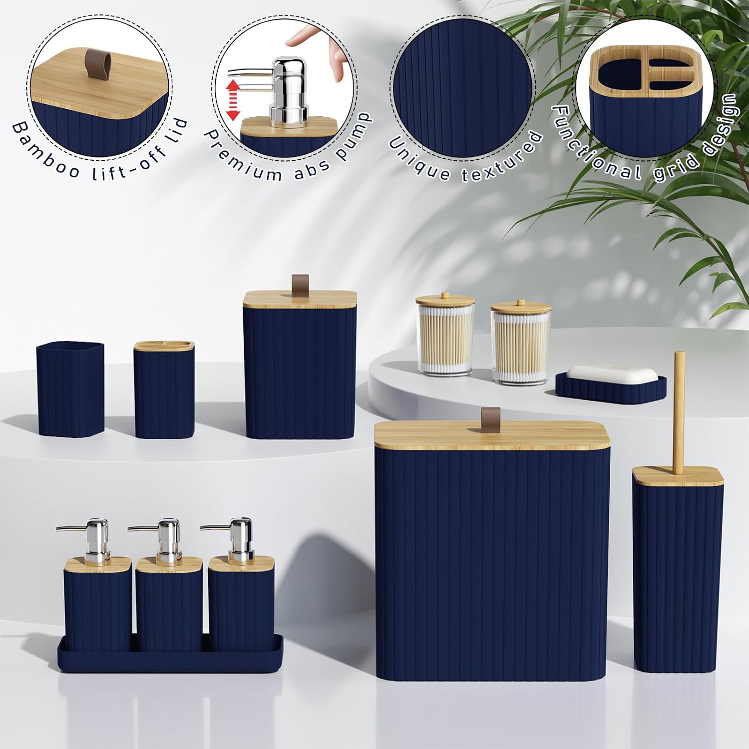 Bathroom Accessory Set - Navy Blue Bathroom Set, 27PC Bathroom Accessories Set, Bathroom Sets with Shower Curtain and Rugs, Mini Trash Can, Toilet Brush, Trash Can & Soap Dispenser