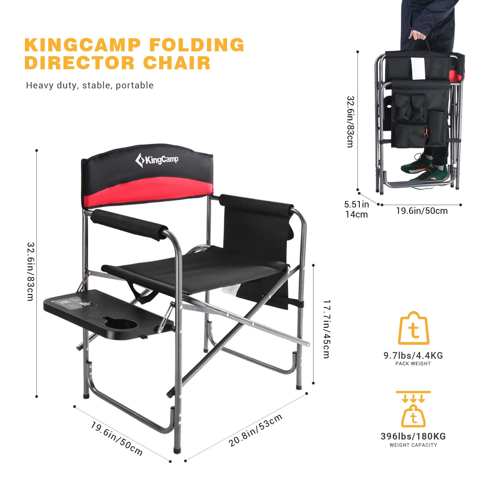 KingCamp Camping Chair Heavy Duty Folding Director Chair Oversize Padded Seat with Side Table and Pocket, Supports 396 lbs, 2 Packs