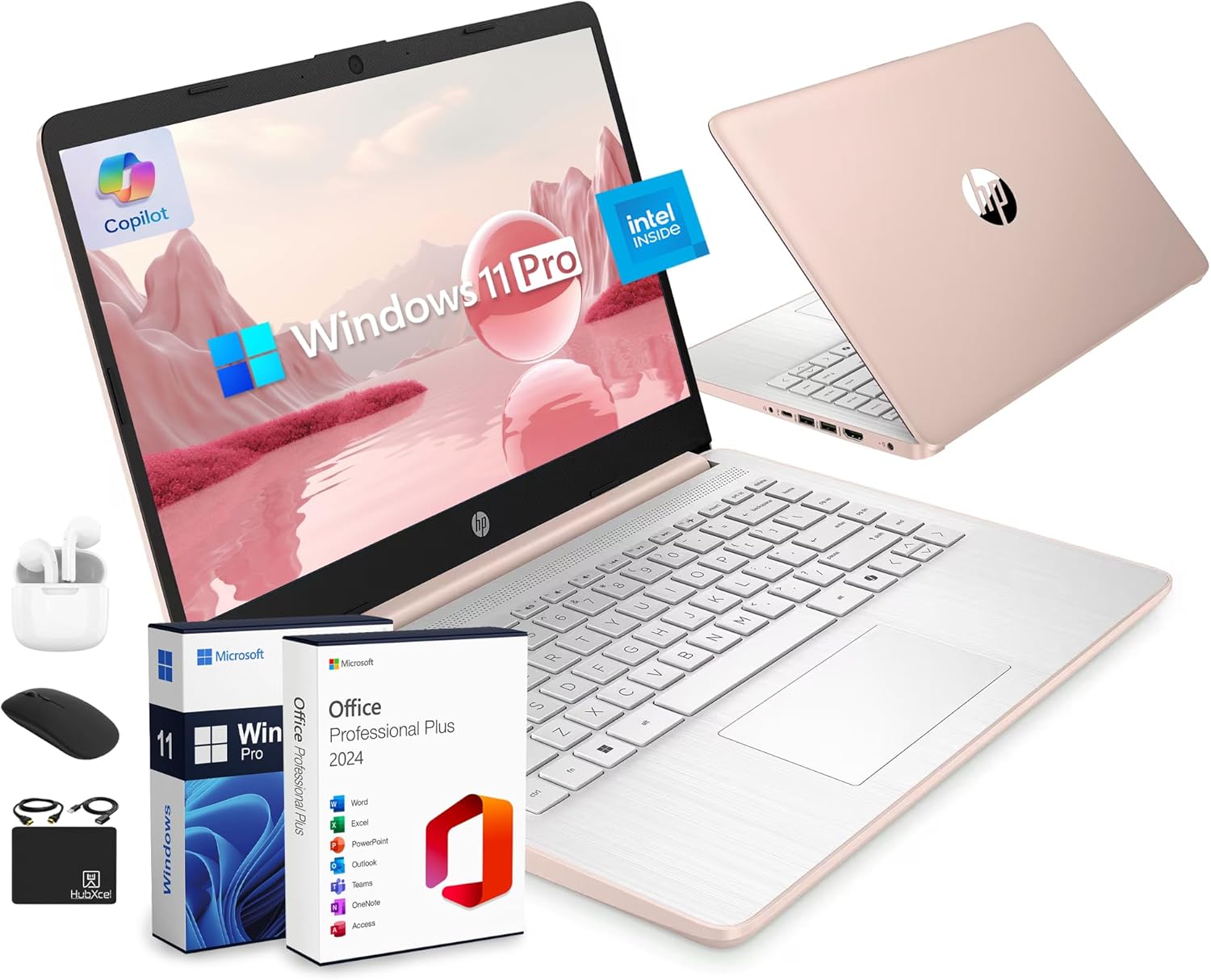 HP 14 Ultrabook Laptop, Intel Quad-Core, 16GB RAM, 628GB Storage, Windows 11 Pro, WiFi 6, Rose Gold