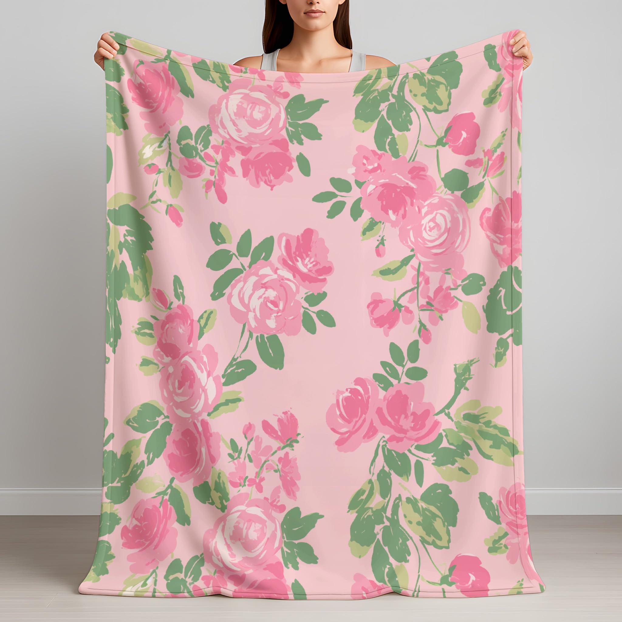Generico Różowy Brzoskwiniowy Pluszowy koc 150 x 200 cm - Vintage Koc do rzucania na łóżko - Miękki róże zielone liście marzycielski ciepły na sofę przytulny puszysty wysokiej jakości
