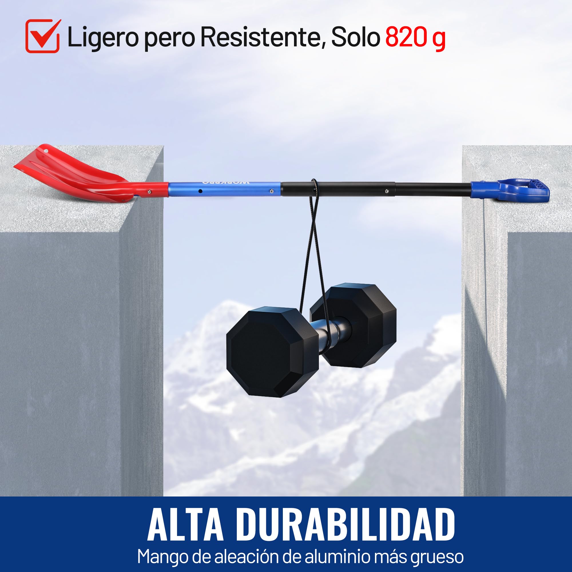 WORKPRO Pala de Nieve, Pala Quitanieves de Aluminio Extraíble, Pala para Nieve con Mango Telescópico, 65,5-120 cm, Herramienta para Quitar Nieve con Bolsa de Transporte, Adecuada para Jardín, Coche
