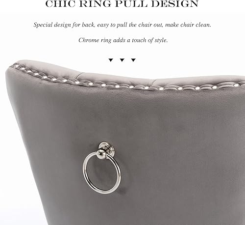 Miniatura 5 de Juego de 2 sillas de comedor de terciopelo, sillas de comedor tapizadas con ribete de cabeza de clavo y patas chapadas en plata de acero inoxidable