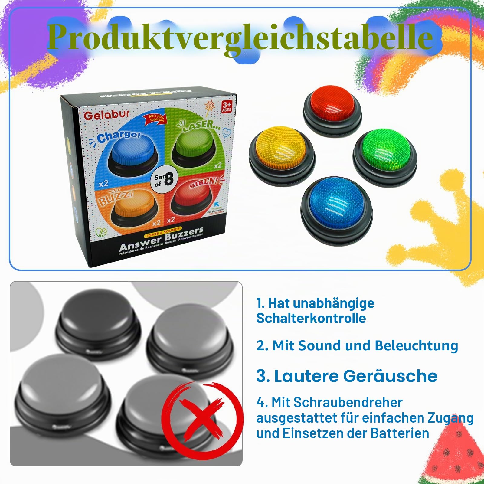 Gelabur 8er-Pack Buzzer für Quizspiele, Antwort-Summer für Klassenzimmer, Familienfeud-Gefahren-Summer, Spiel-Summer mit Lichtern und Sound für Klassenzimmer, Spielshow-Summertasten