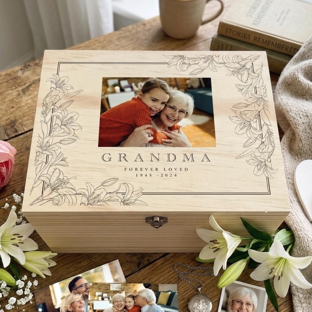 Caja de recuerdos personalizada con foto de lirio de pino | texto personalizado y foto | regalo de cumpleaños, regalo de aniversario, regalo de duelo, recuerdo conmemorativo, regalo para ella | 36 x